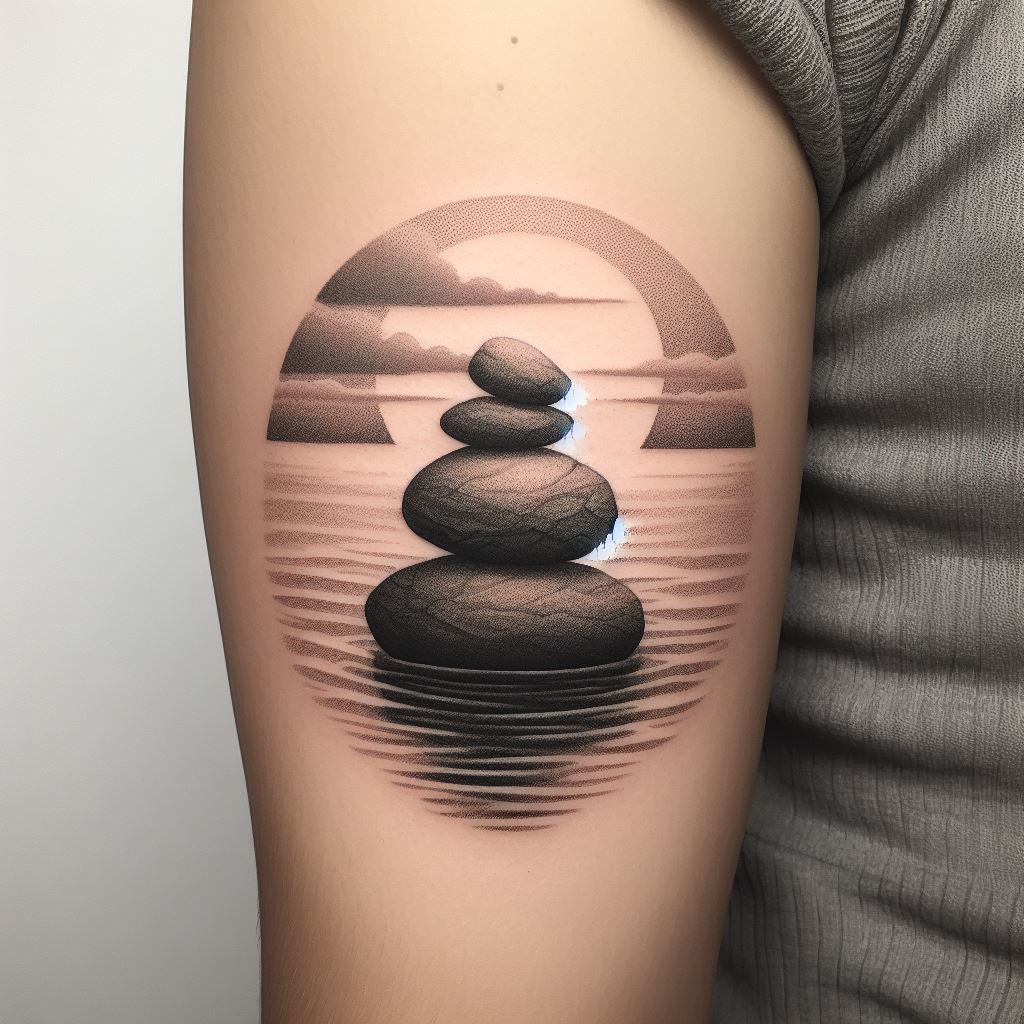A peaceful tattoo on the inner bicep, featuring a zen-like rock stack by the shore, with calm waves gently lapping at the base, using soft shading and minimal color to evoke a sense of serenity and the practice of mindfulness, inspired by the natural balance of stones.