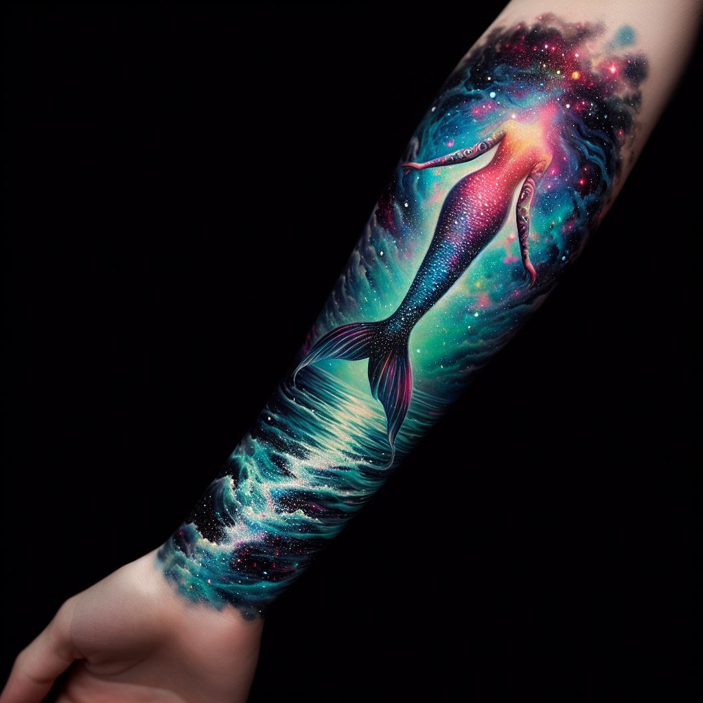 An enchanting tattoo on the forearm, showcasing a mermaid's tail disappearing into a sea of stars, blending the ocean with the galaxy in a surreal, cosmic design, using vibrant colors and glittering effects to create a magical piece that transcends the ordinary.