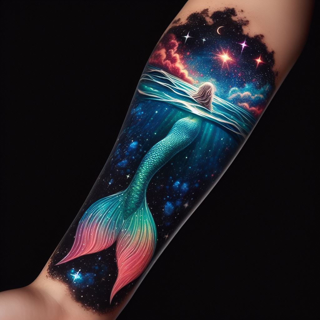 An enchanting tattoo on the forearm, showcasing a mermaid's tail disappearing into a sea of stars, blending the ocean with the galaxy in a surreal, cosmic design, using vibrant colors and glittering effects to create a magical piece that transcends the ordinary.