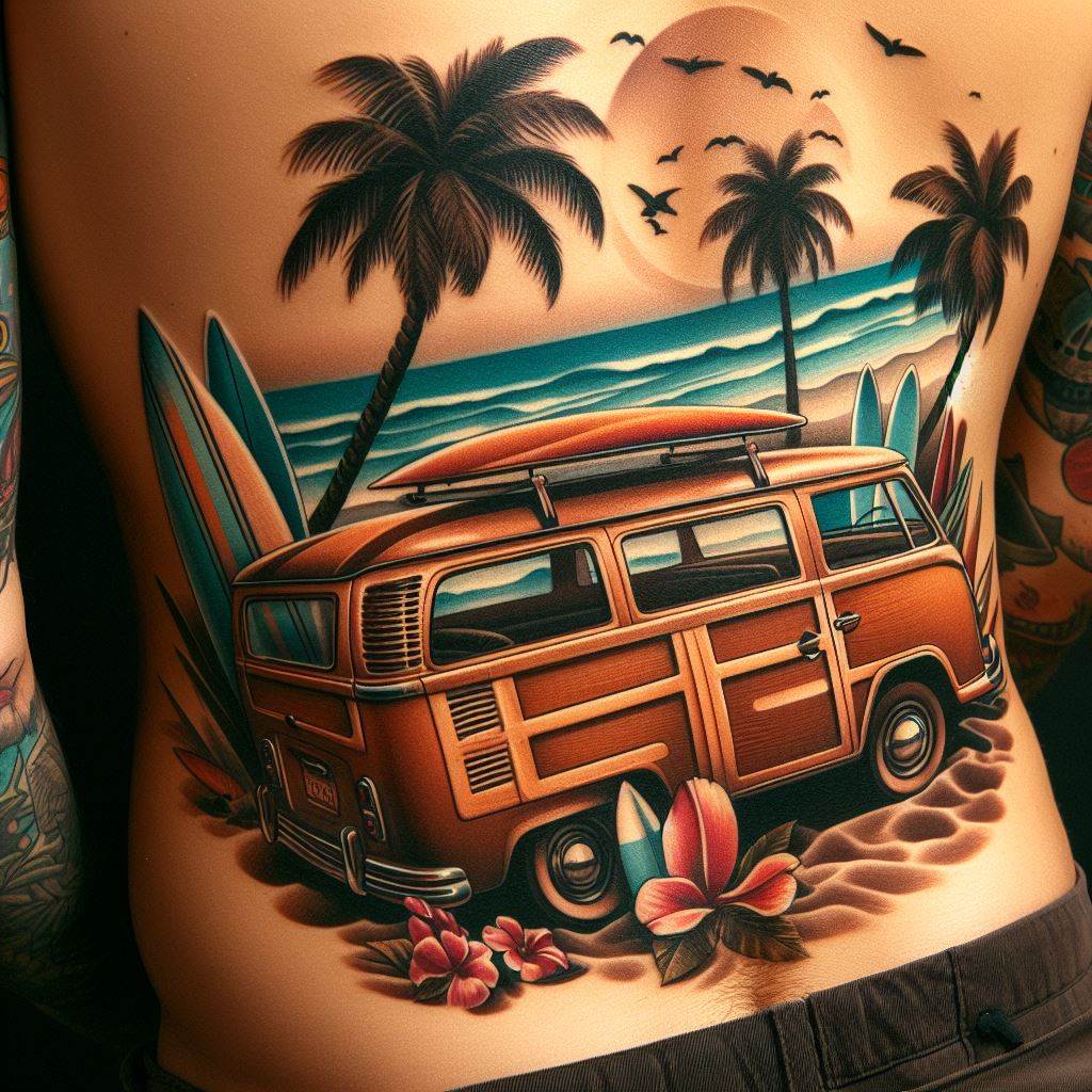 A nostalgic tattoo on the lower back, depicting a classic beach scene from the 60s, with vintage surfboards, a Woody station wagon, and palm trees, using a retro color palette and styling to capture the golden age of surf culture and the timeless allure of the beach.