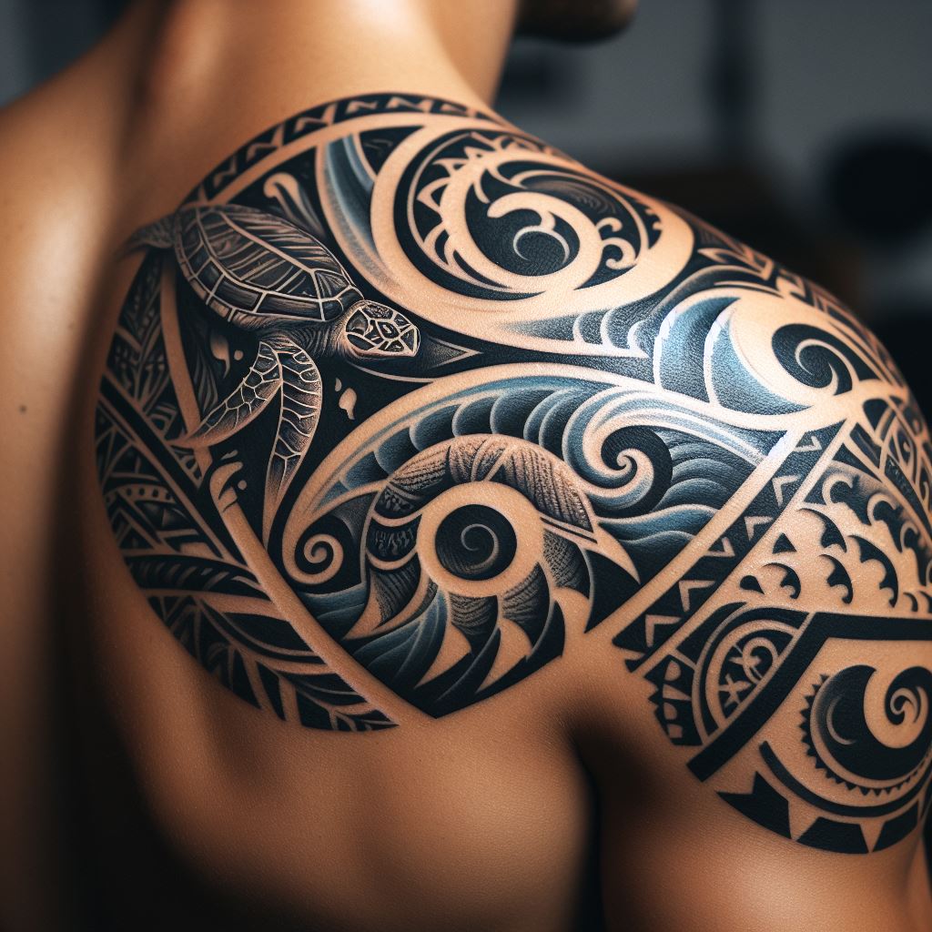 A protective tattoo on the shoulder blade, featuring a Polynesian tribal design that incorporates symbols of the ocean, such as waves, sharks, and turtles, using traditional black ink and patterns to convey strength, guidance, and connection to the sea as a source of life and inspiration.