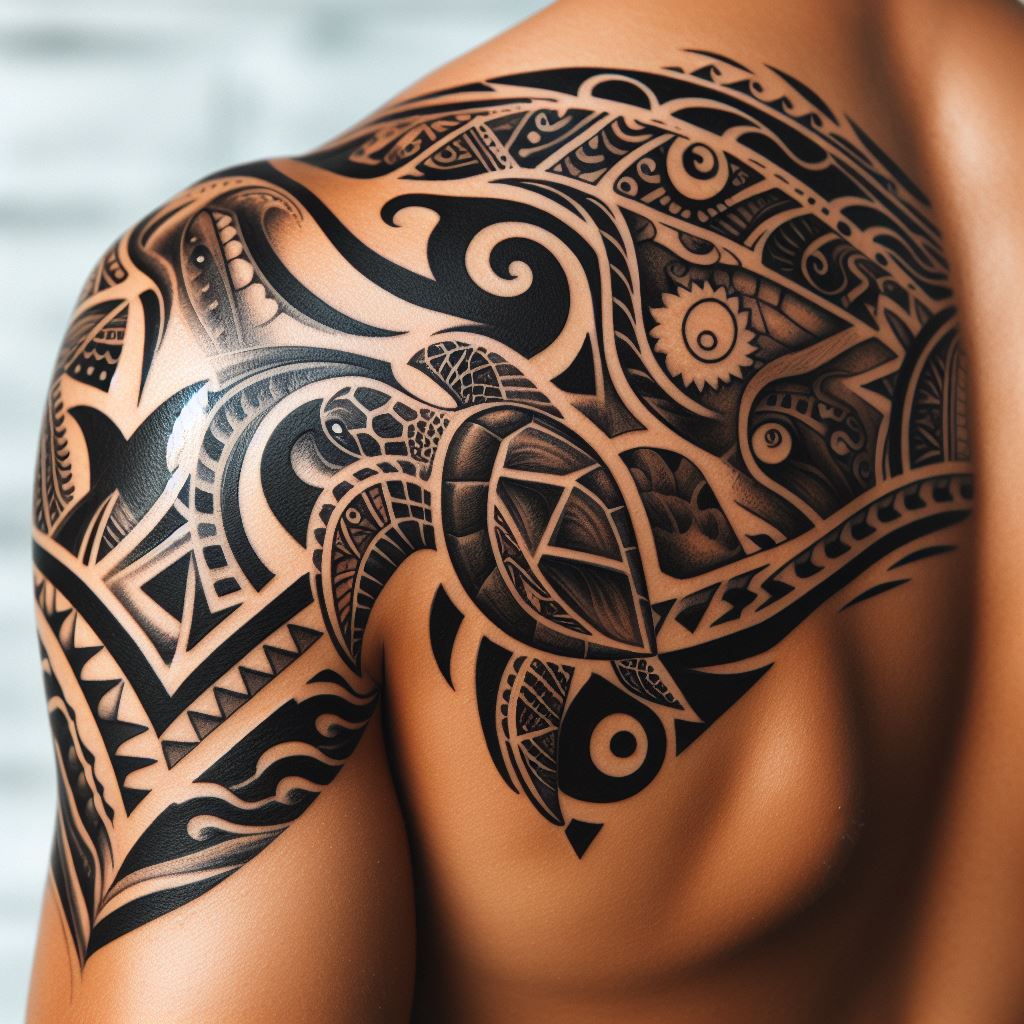 A protective tattoo on the shoulder blade, featuring a Polynesian tribal design that incorporates symbols of the ocean, such as waves, sharks, and turtles, using traditional black ink and patterns to convey strength, guidance, and connection to the sea as a source of life and inspiration.