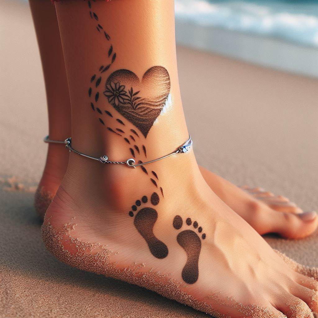A romantic tattoo on the ankle, illustrating two sets of footprints converging together on the beach, leading to a heart drawn in the sand, using a simple and elegant design to symbolize love, companionship, and shared journeys.