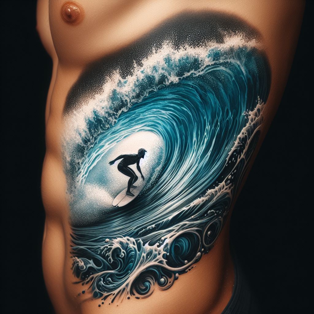 An adventurous tattoo on the side of the torso, capturing the moment a wave curls over the surfer, creating a tube, with detailed water textures and the silhouette of the surfer in action, using shades of blue and white to convey the thrill and beauty of riding the waves.