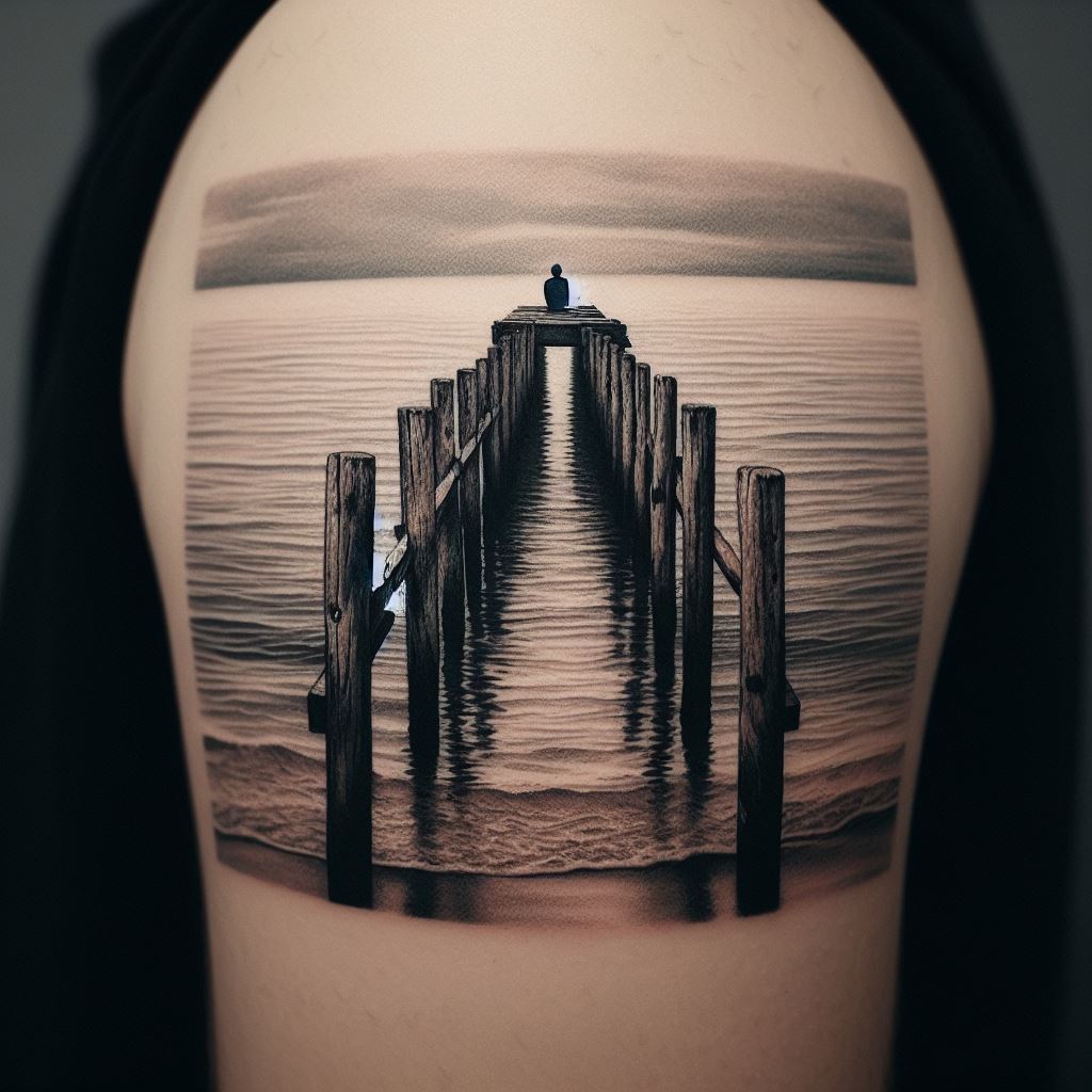 A reflective tattoo on the back of the arm, featuring an old, wooden pier stretching out into a calm sea, with a lone figure sitting at the end, gazing at the horizon, using a minimalist approach to evoke a sense of solitude, contemplation, and the vastness of the ocean.