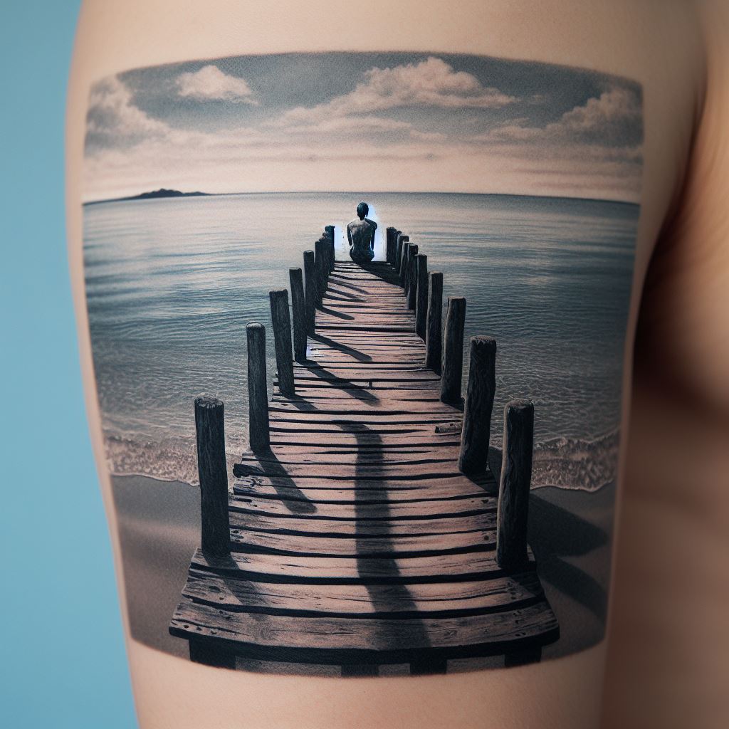 A reflective tattoo on the back of the arm, featuring an old, wooden pier stretching out into a calm sea, with a lone figure sitting at the end, gazing at the horizon, using a minimalist approach to evoke a sense of solitude, contemplation, and the vastness of the ocean.