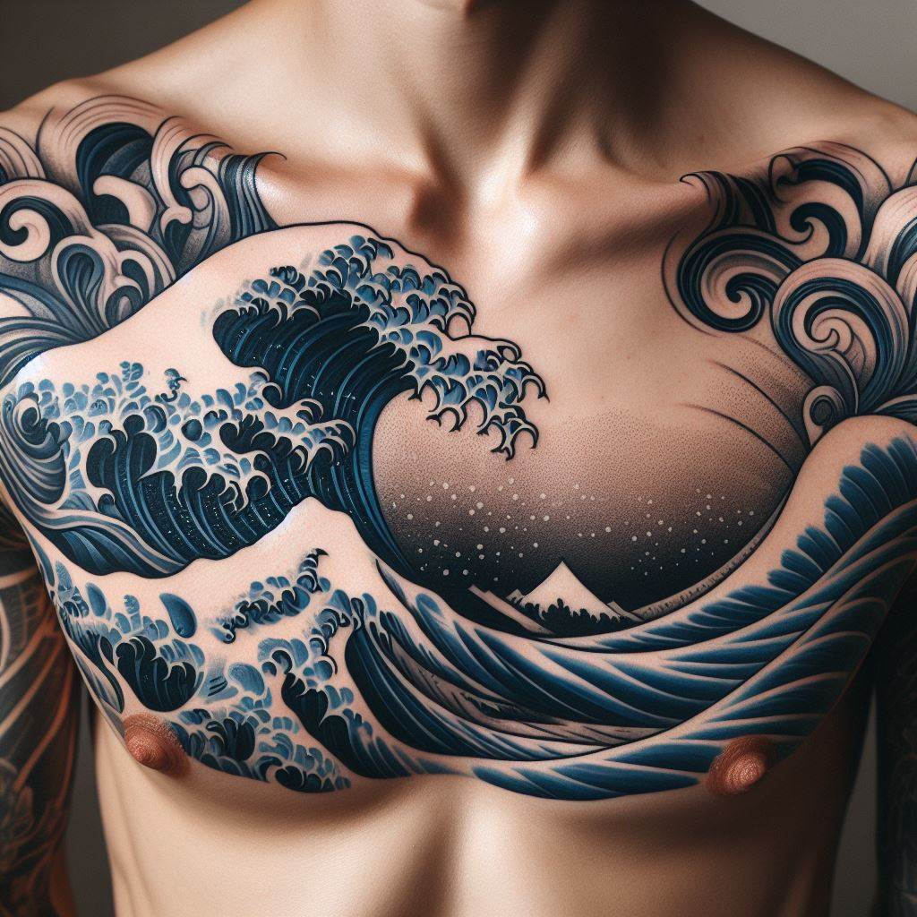 An inspiring tattoo on the chest, depicting a majestic ocean wave in the style of traditional Japanese art, with intricate lines and curves representing the movement and power of the sea, using indigo and white to create a striking contrast, symbolizing resilience and the ebb and flow of life.