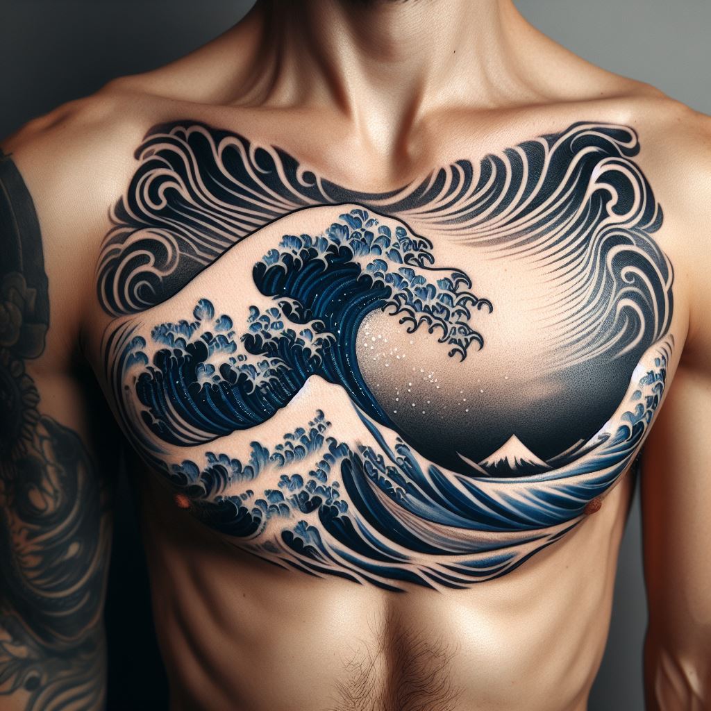 An inspiring tattoo on the chest, depicting a majestic ocean wave in the style of traditional Japanese art, with intricate lines and curves representing the movement and power of the sea, using indigo and white to create a striking contrast, symbolizing resilience and the ebb and flow of life.