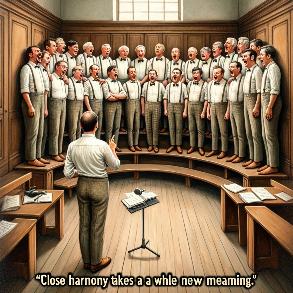 An amusing image showing a choir practicing in a small room, so cramped that members are standing on each other's toes. The caption reads, "Close harmony takes on a whole new meaning."