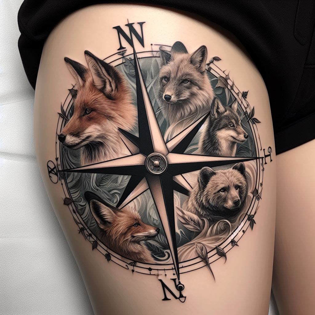 An animal-themed compass tattoo on the upper thigh, where the cardinal points of the compass are represented by four different animals significant to the wearer’s personal or cultural background. The animals are rendered in a realistic style, emerging from the compass as if guiding the journey. The design is framed with natural elements like leaves, feathers, or waves to tie it all together.