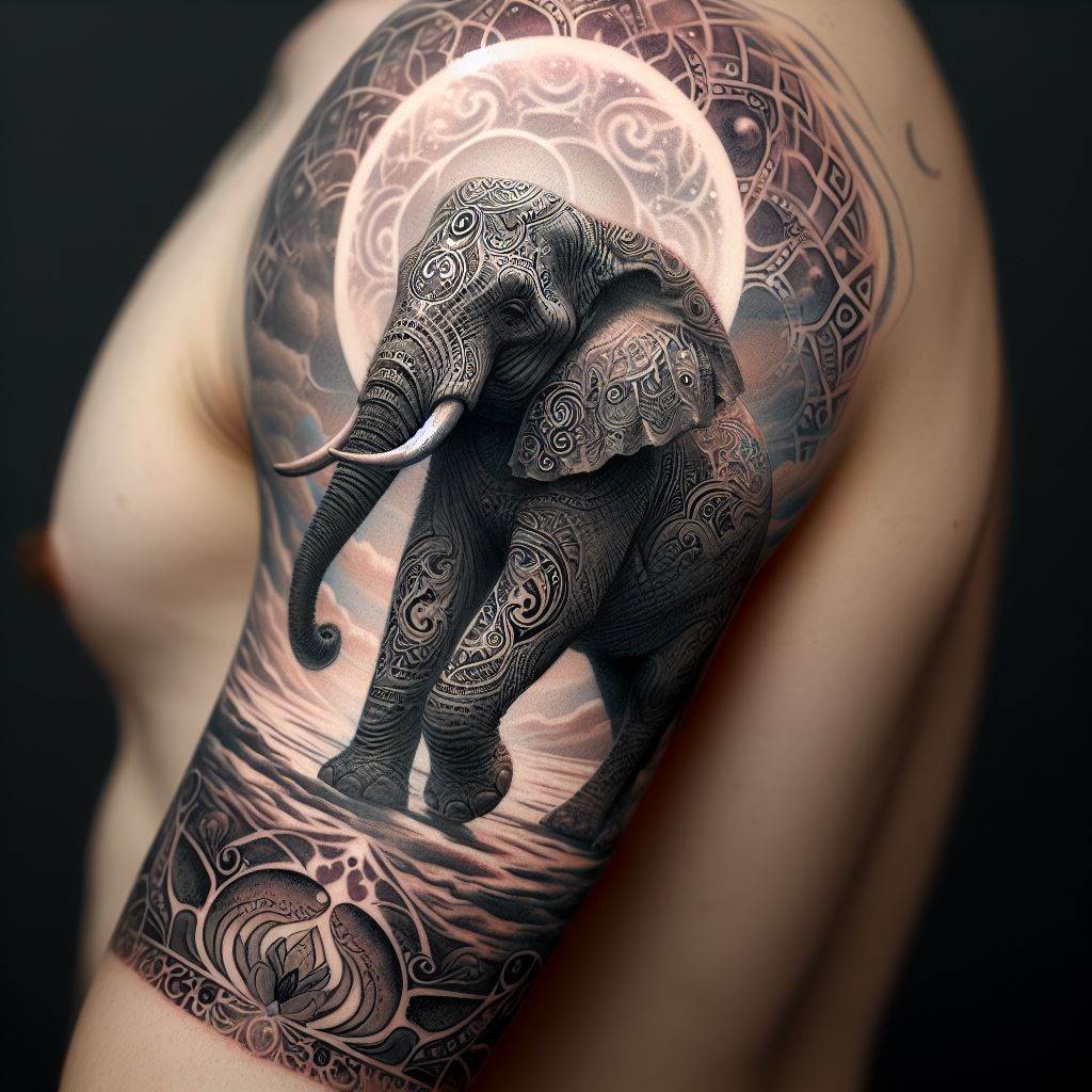 A highly detailed tattoo of an elephant, adorned with intricate patterns and symbols that hold personal significance, positioned on the upper arm. The elephant is depicted in a majestic stance, symbolizing strength and wisdom. The background of the tattoo is a soft, ethereal landscape that fades into the skin, creating a seamless transition.
