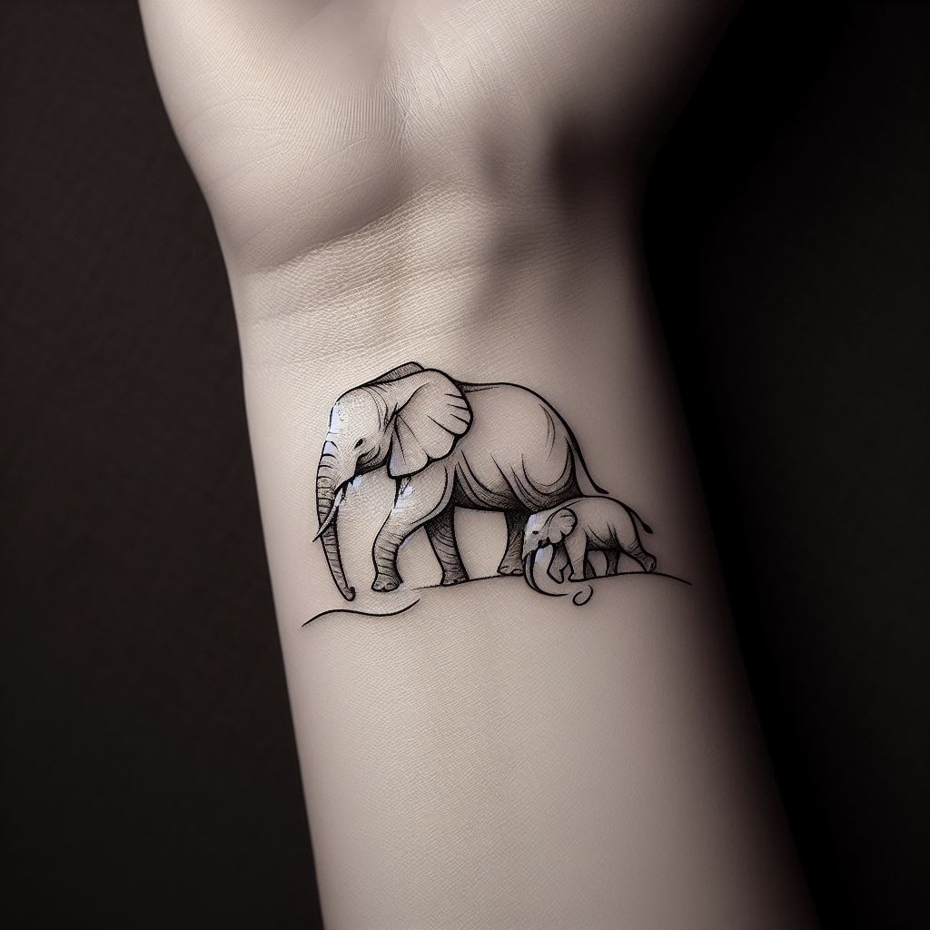 An elegant tattoo of a mother elephant with her calf, walking side by side, located on the inner wrist. The design is minimalist, using fine lines to capture the tender relationship between the two. The emphasis is on the gentle curves and the protective posture of the mother, symbolizing family bonds and love.