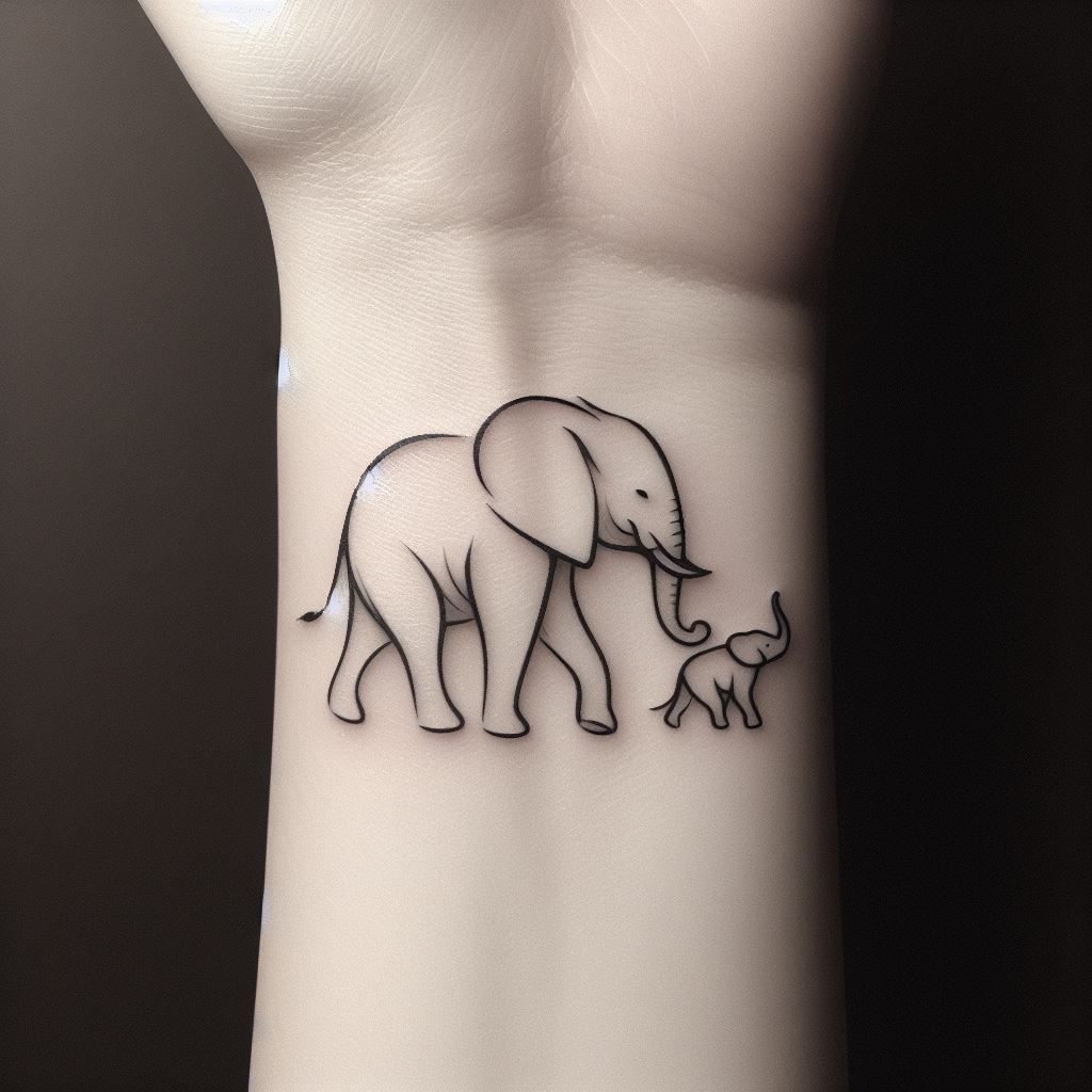 An elegant tattoo of a mother elephant with her calf, walking side by side, located on the inner wrist. The design is minimalist, using fine lines to capture the tender relationship between the two. The emphasis is on the gentle curves and the protective posture of the mother, symbolizing family bonds and love.