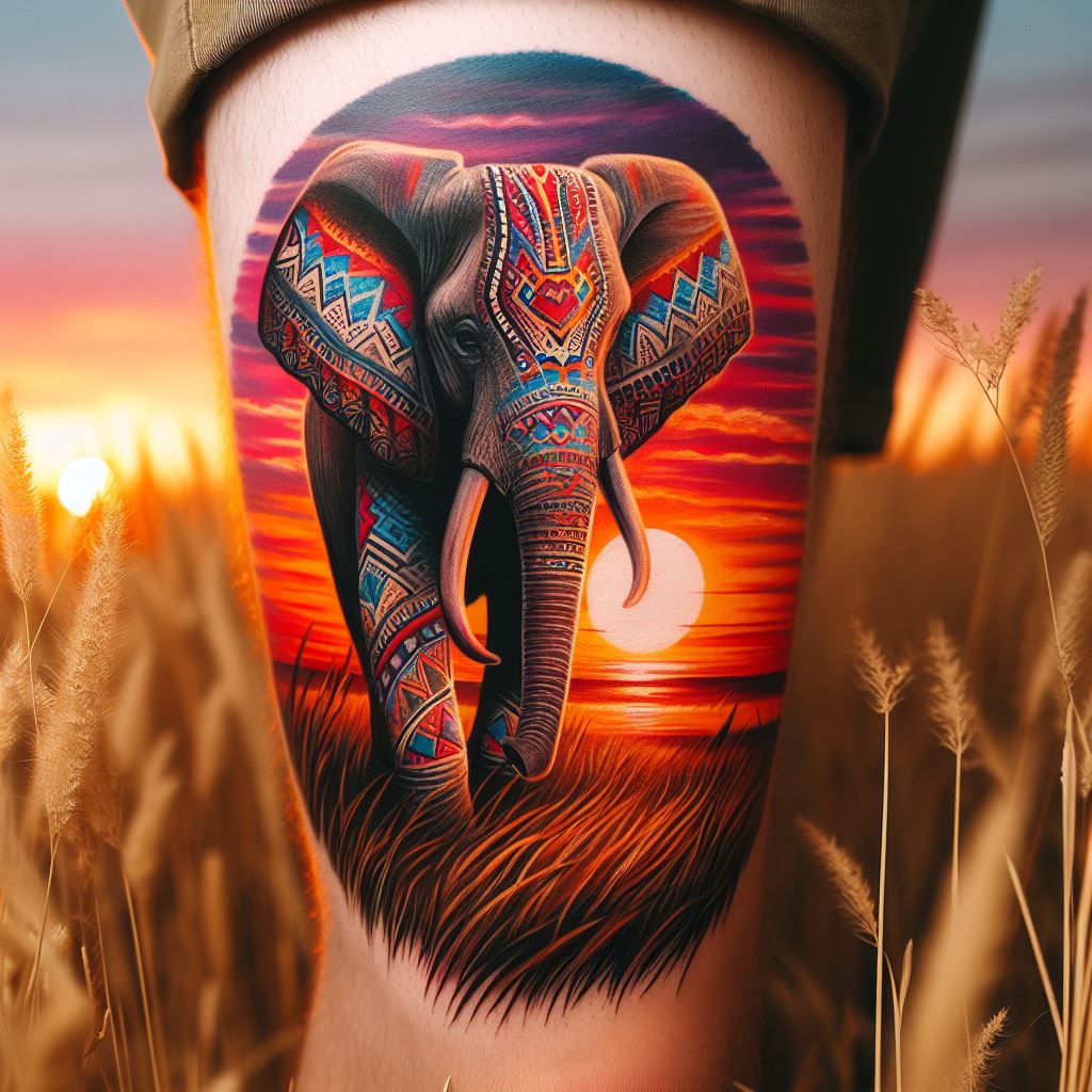 A vibrant, color-saturated tattoo of a tribal elephant, its body covered in traditional African tribal patterns, positioned on the calf. The elephant stands out against a backdrop of savannah grass, with a sunset that casts warm hues over the scene, symbolizing connection to roots and the earth.