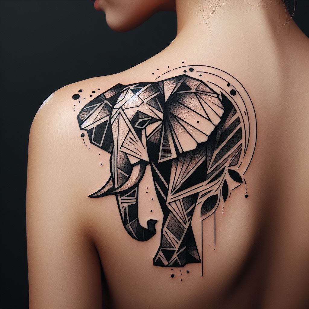 An abstract tattoo of an elephant, composed of geometric shapes and lines, located on the shoulder blade. The design plays with negative space and incorporates elements of nature, such as leaves and water droplets, into the elephant's form, symbolizing harmony and balance with the environment.