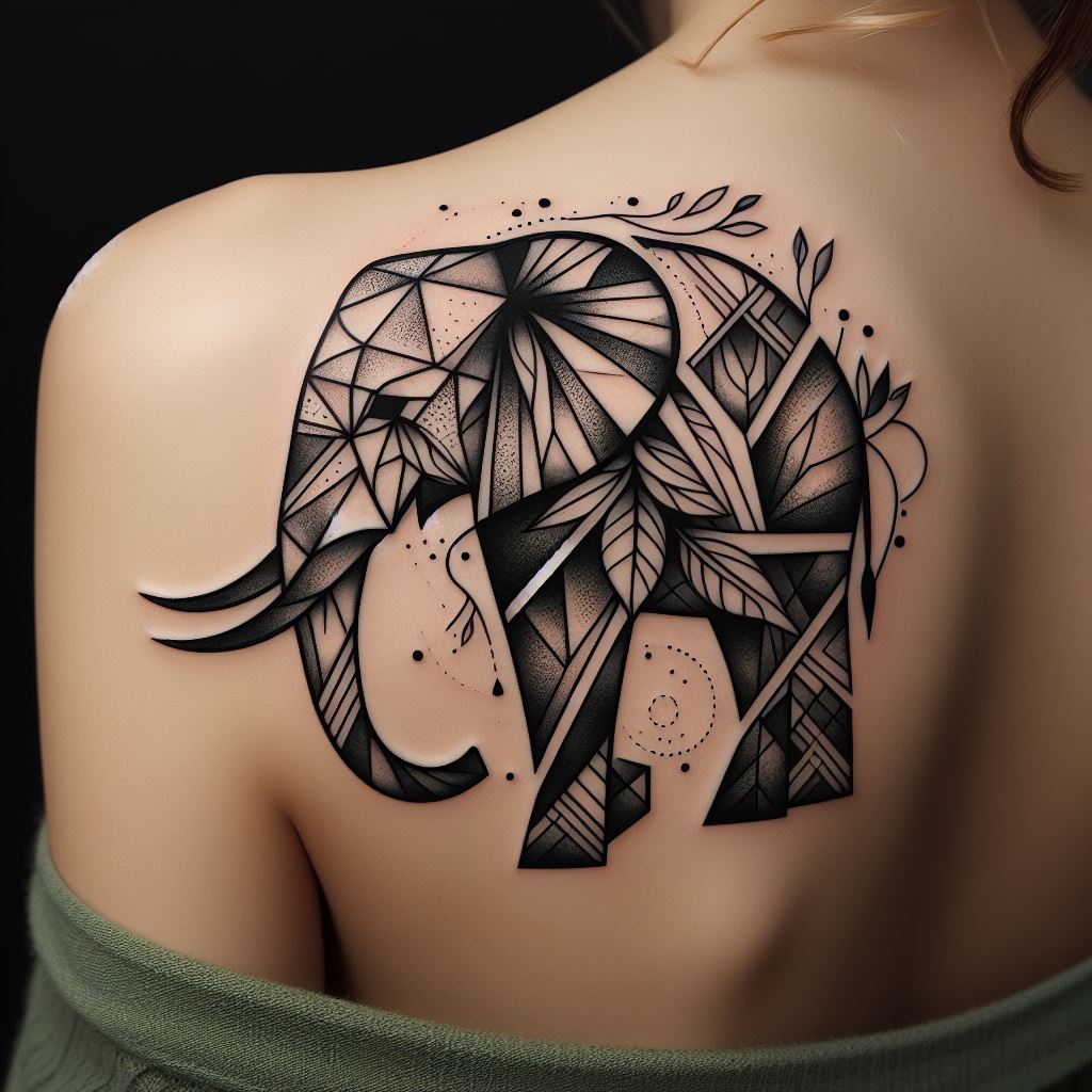 An abstract tattoo of an elephant, composed of geometric shapes and lines, located on the shoulder blade. The design plays with negative space and incorporates elements of nature, such as leaves and water droplets, into the elephant's form, symbolizing harmony and balance with the environment.