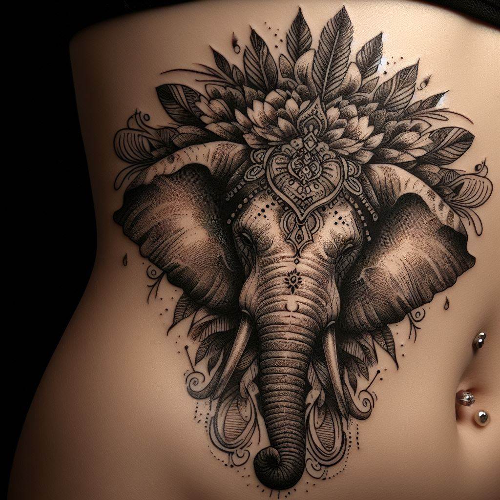 An ornate tattoo of an elephant head, decorated with a headdress of flowers and feathers, placed on the side of the torso. The design is detailed with fine lines and shading, emphasizing the elephant's wise and serene expression, symbolizing peace and a connection to nature.