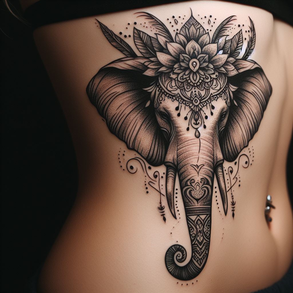 An ornate tattoo of an elephant head, decorated with a headdress of flowers and feathers, placed on the side of the torso. The design is detailed with fine lines and shading, emphasizing the elephant's wise and serene expression, symbolizing peace and a connection to nature.