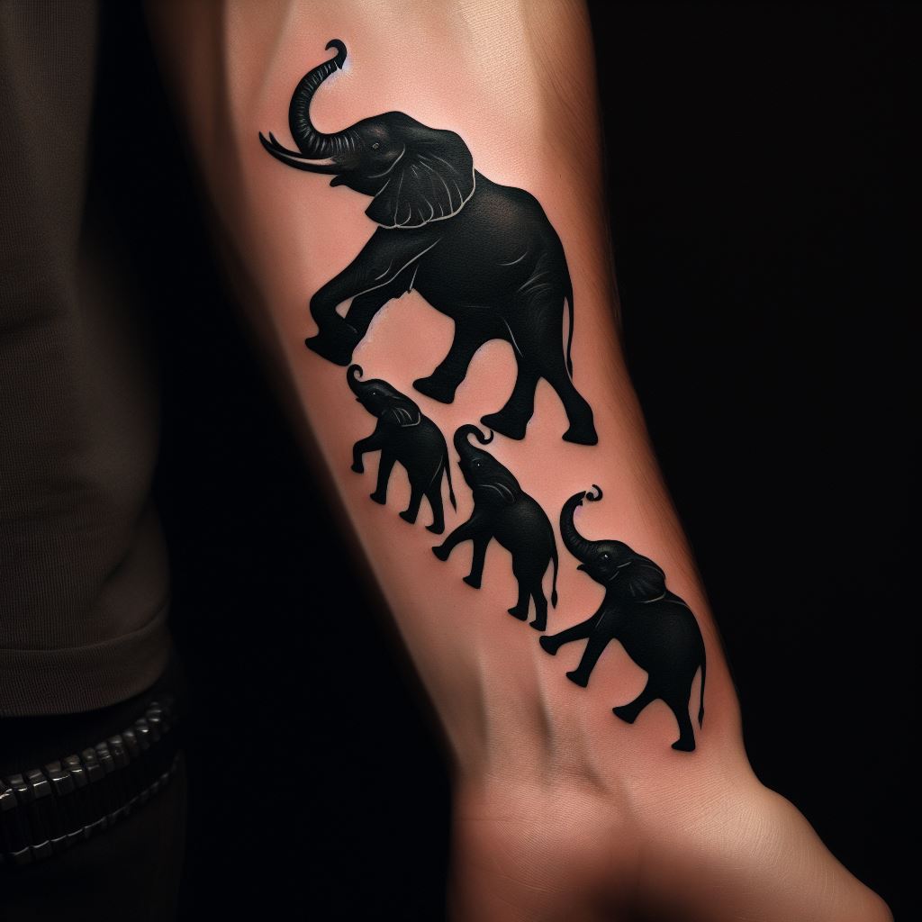 A silhouette tattoo of a family of elephants, walking in a line, their trunks and tails interlinked, located on the forearm. The design is simple yet powerful, using solid black to create the silhouette, symbolizing unity, strength, and the importance of family.