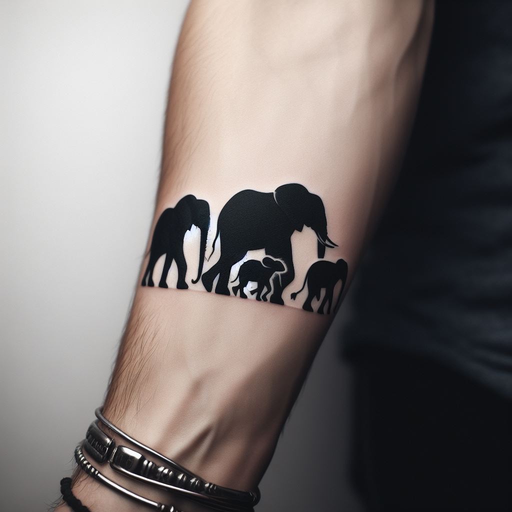 A silhouette tattoo of a family of elephants, walking in a line, their trunks and tails interlinked, located on the forearm. The design is simple yet powerful, using solid black to create the silhouette, symbolizing unity, strength, and the importance of family.