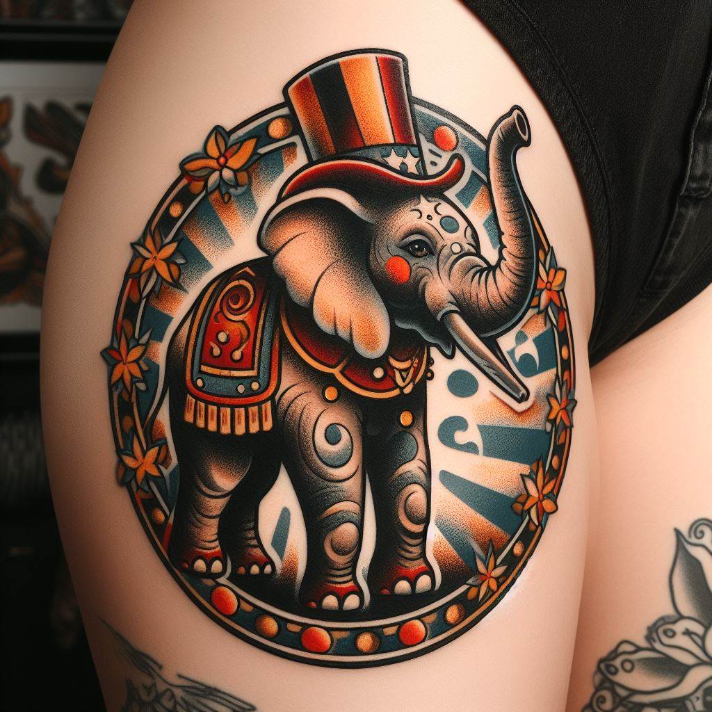 An old-school tattoo of an elephant wearing a circus hat, positioned on the thigh. The design includes bold lines and vibrant colors, with traditional tattoo elements such as stars, dots, and decorative motifs surrounding the elephant, symbolizing nostalgia and the joy of whimsical memories.