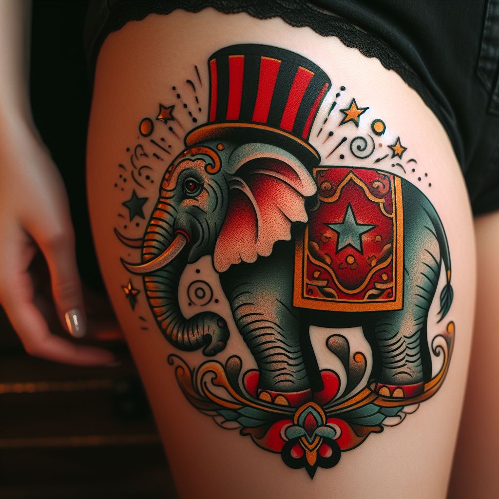 An old-school tattoo of an elephant wearing a circus hat, positioned on the thigh. The design includes bold lines and vibrant colors, with traditional tattoo elements such as stars, dots, and decorative motifs surrounding the elephant, symbolizing nostalgia and the joy of whimsical memories.