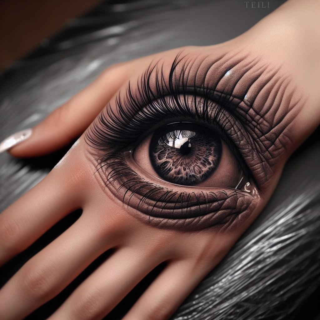 A realistic tattoo of an elephant's eye, with incredible detail in the eyelashes and reflection in the eye, placed on the back of the hand. The design captures the depth and wisdom in the elephant's gaze, symbolizing insight and the ability to see beyond the surface.