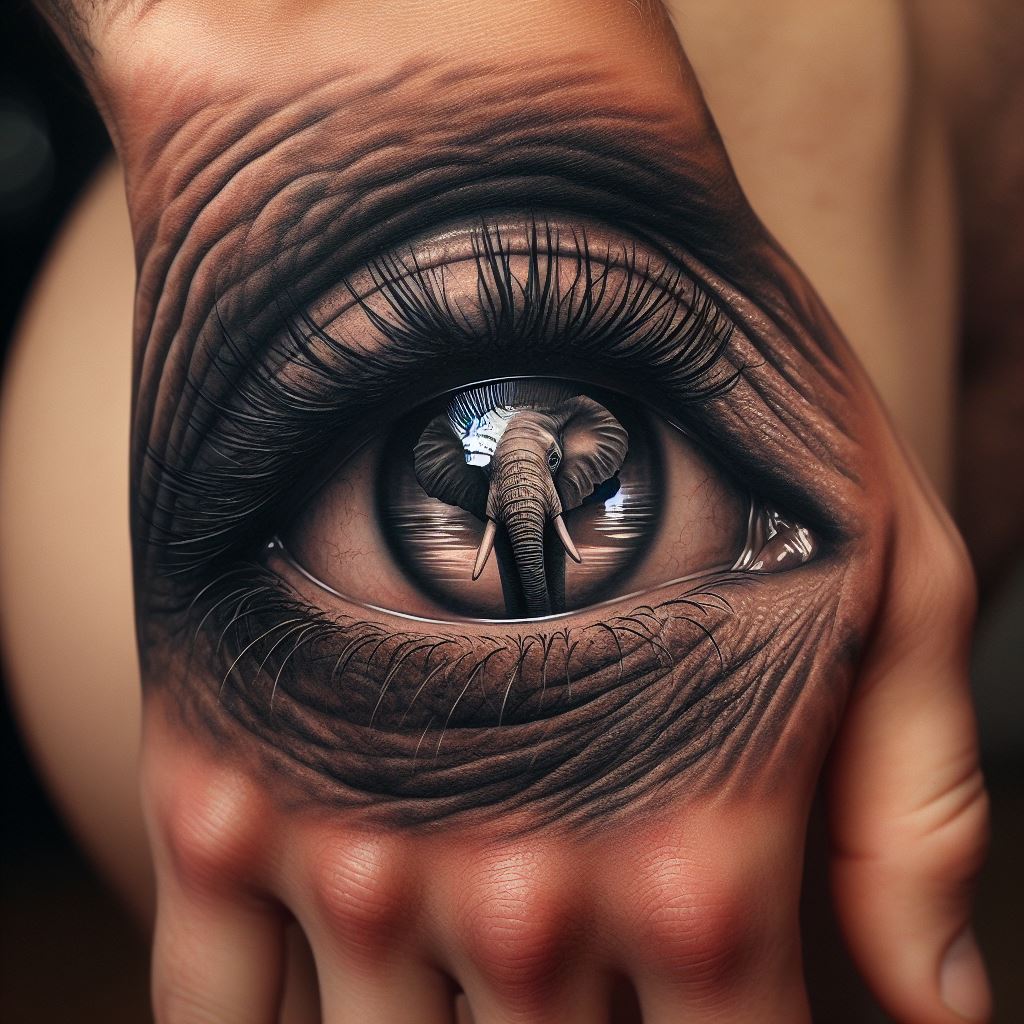 A realistic tattoo of an elephant's eye, with incredible detail in the eyelashes and reflection in the eye, placed on the back of the hand. The design captures the depth and wisdom in the elephant's gaze, symbolizing insight and the ability to see beyond the surface.
