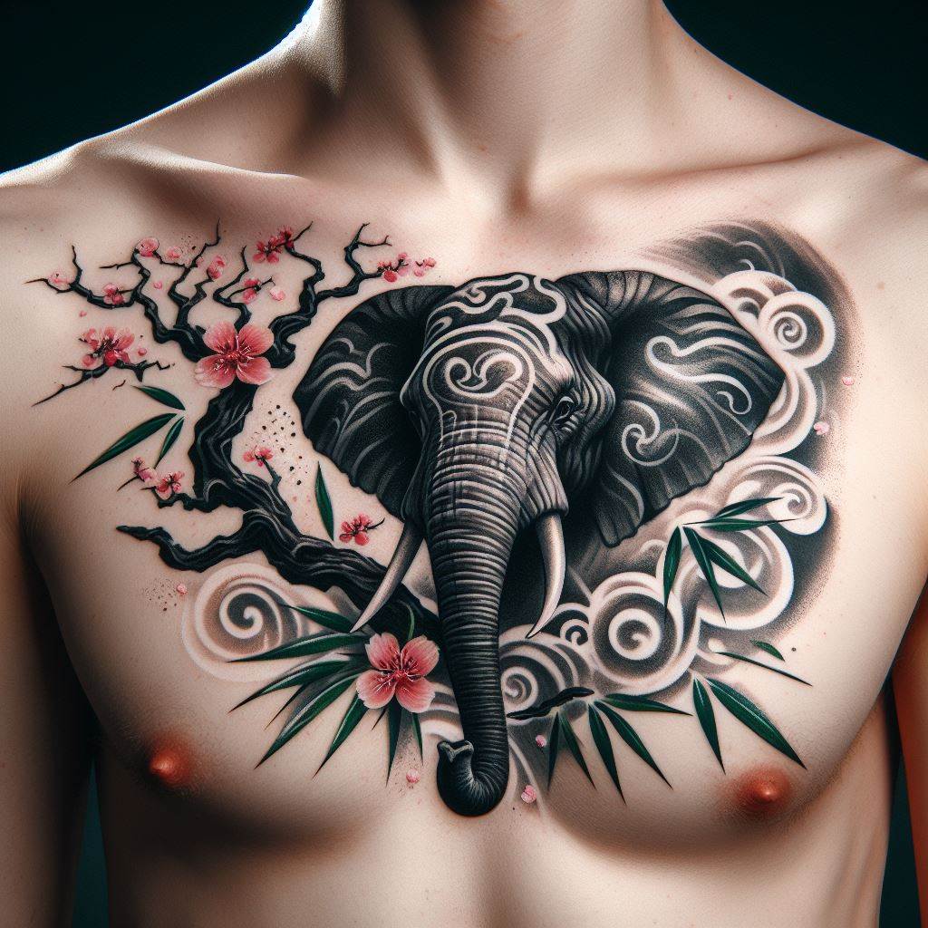 An Asian-inspired tattoo of an elephant in the style of traditional Chinese brush painting, located on the upper chest. The elephant is depicted with fluid, graceful strokes, surrounded by cherry blossoms and bamboo, symbolizing good fortune, perseverance, and the beauty of nature.