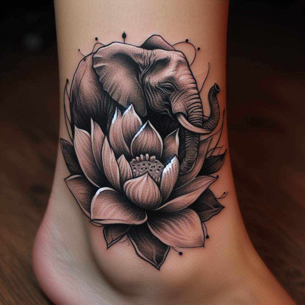 A tattoo of an elephant entwined with a lotus flower, symbolizing purity and enlightenment, positioned on the ankle. The design blends the rough texture of the elephant's skin with the delicate petals of the lotus, using shading and line work to create a contrast that highlights the beauty in diversity and growth.