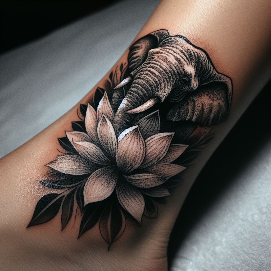 A tattoo of an elephant entwined with a lotus flower, symbolizing purity and enlightenment, positioned on the ankle. The design blends the rough texture of the elephant's skin with the delicate petals of the lotus, using shading and line work to create a contrast that highlights the beauty in diversity and growth.