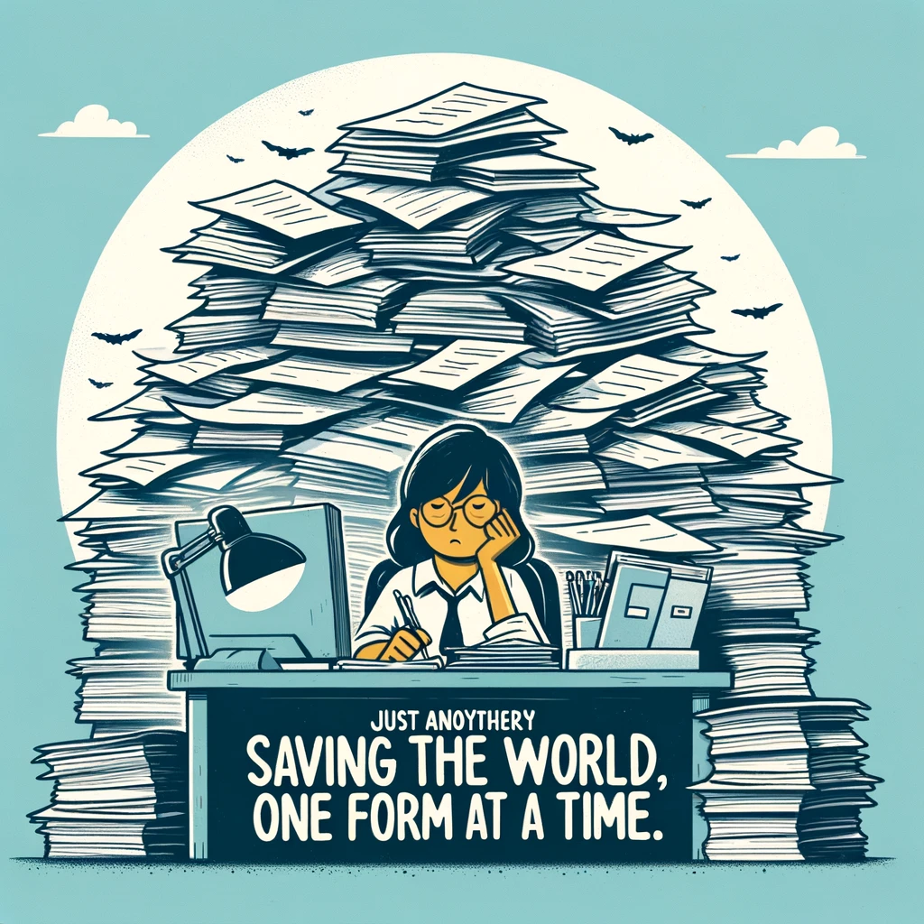 A creative illustration of a social worker at their desk surrounded by mountains of paperwork, looking overwhelmed but determined, with the caption: 'Just another day saving the world, one form at a time.'
