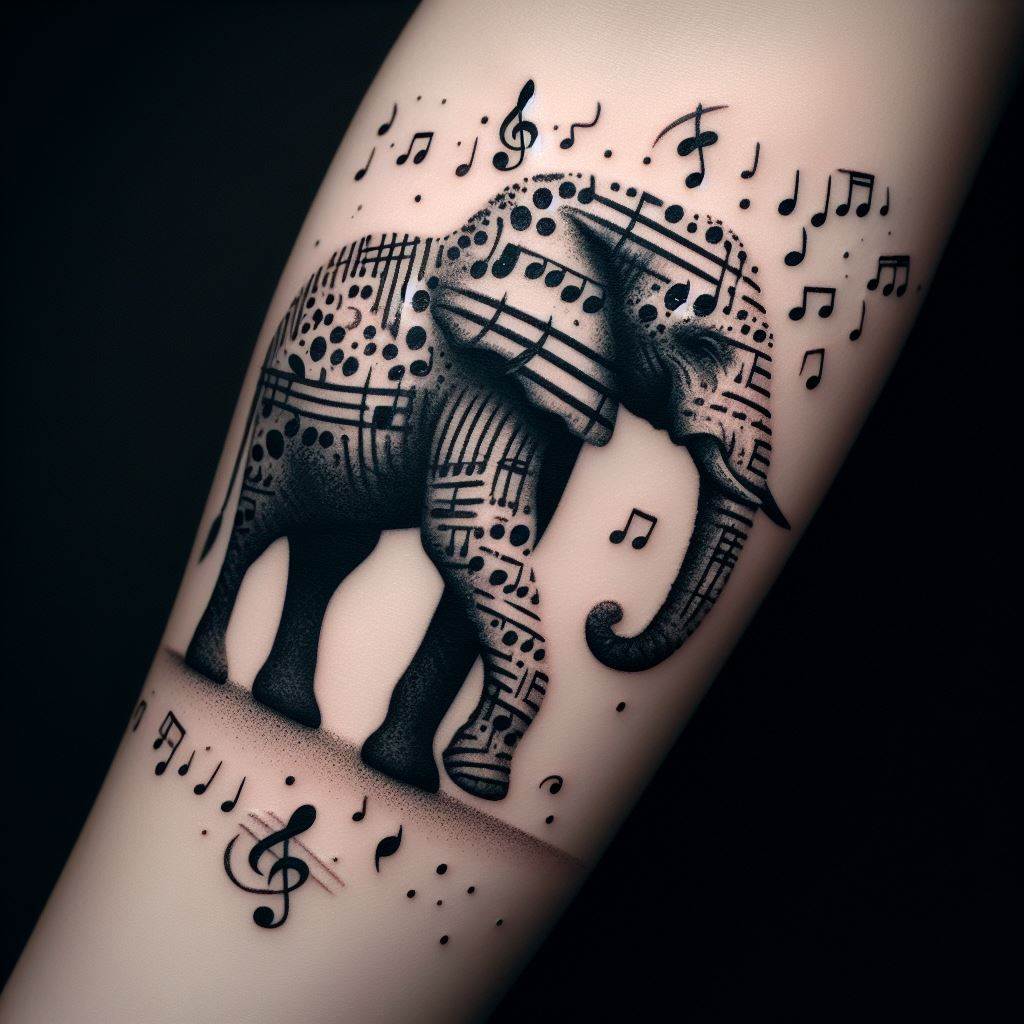 An artistic tattoo of an elephant composed entirely of music notes and clefs, located on the upper side of the forearm. This unique design merges the elephant's silhouette with a melody, symbolizing the harmony between nature and music, and the powerful emotions conveyed through both.
