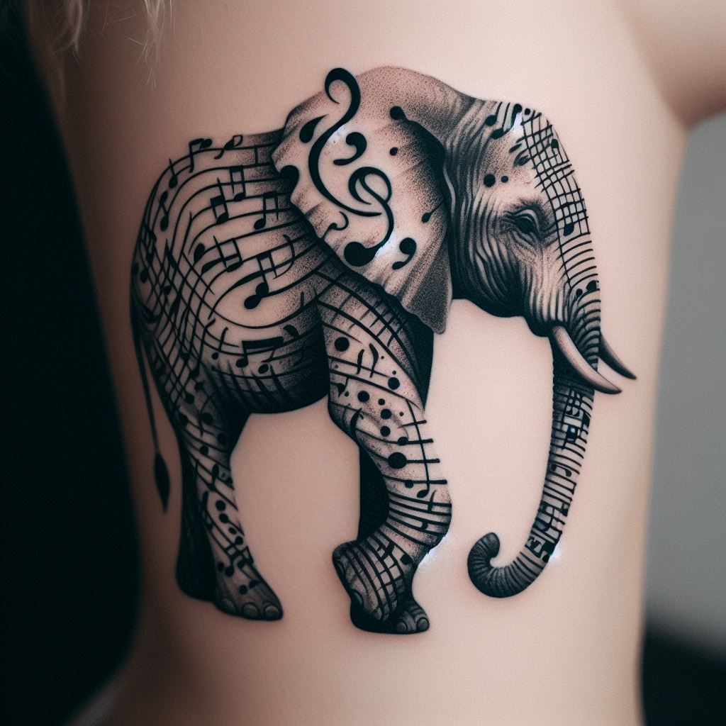 An artistic tattoo of an elephant composed entirely of music notes and clefs, located on the upper side of the forearm. This unique design merges the elephant's silhouette with a melody, symbolizing the harmony between nature and music, and the powerful emotions conveyed through both.