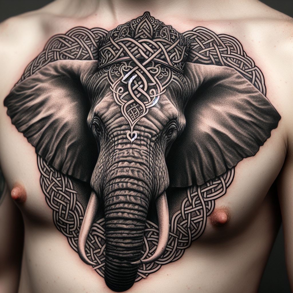 A detailed tattoo of an elephant's head, wearing a crown of intricate Celtic knots, positioned on the chest. The design emphasizes the elephant's majestic and noble qualities, with the Celtic patterns symbolizing eternal connections and the cycles of nature and life.