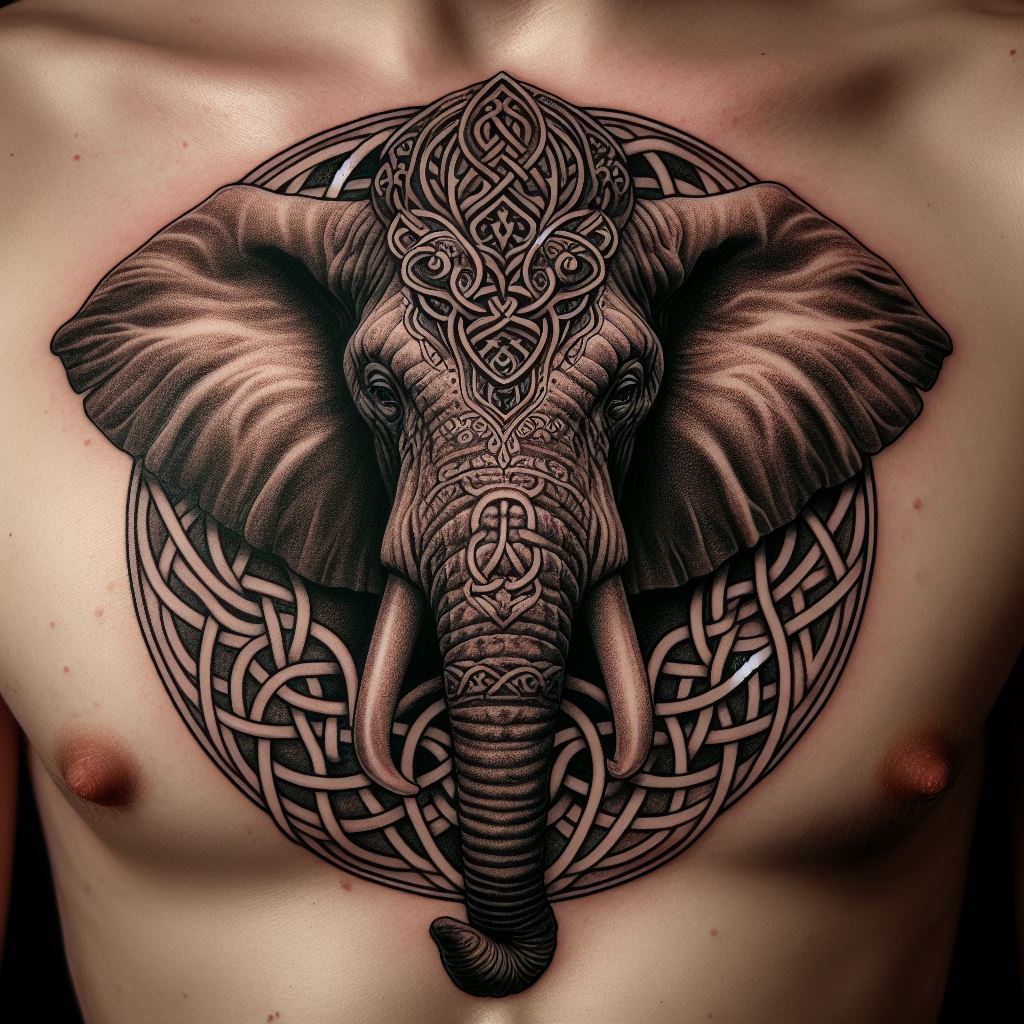 A detailed tattoo of an elephant's head, wearing a crown of intricate Celtic knots, positioned on the chest. The design emphasizes the elephant's majestic and noble qualities, with the Celtic patterns symbolizing eternal connections and the cycles of nature and life.
