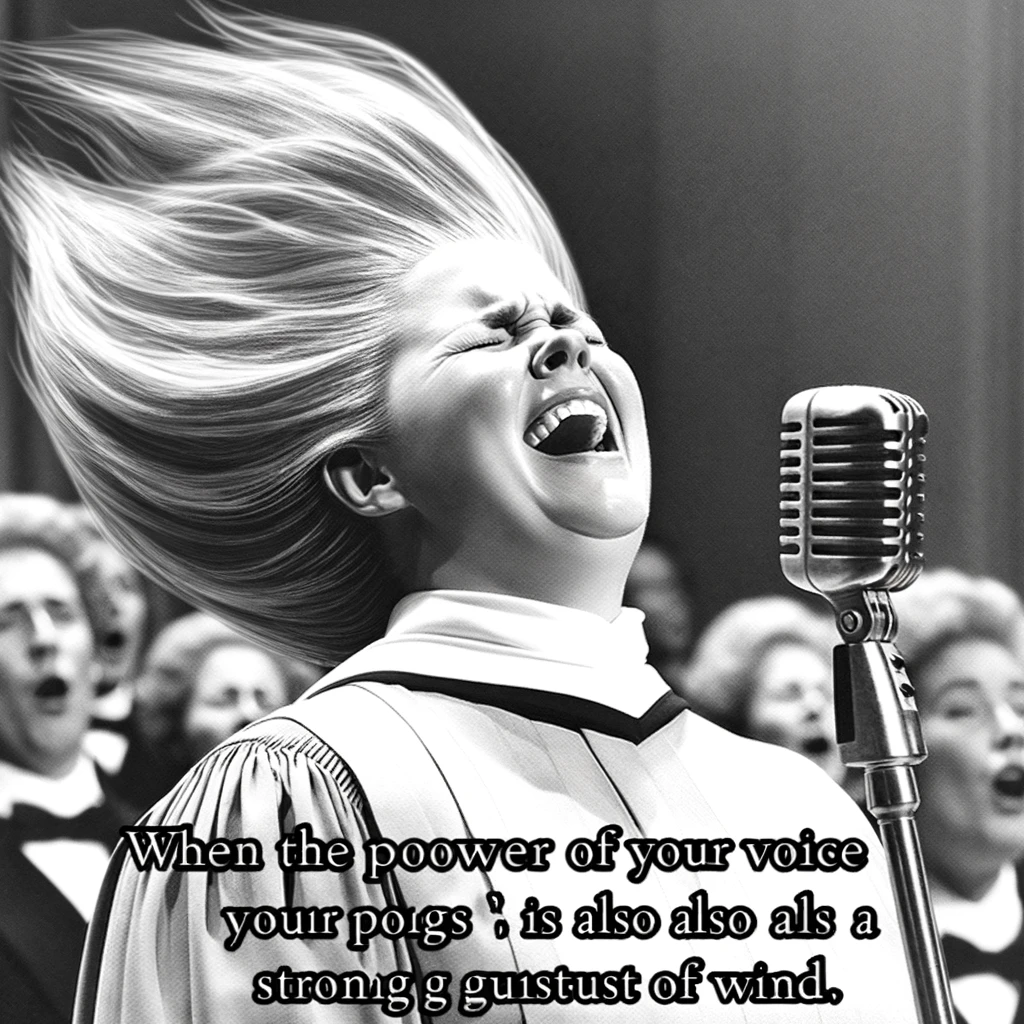 A lighthearted image of a choir member singing with so much passion that their hair appears to be blowing back. The caption quips, "When the power of your voice is also a strong gust of wind."