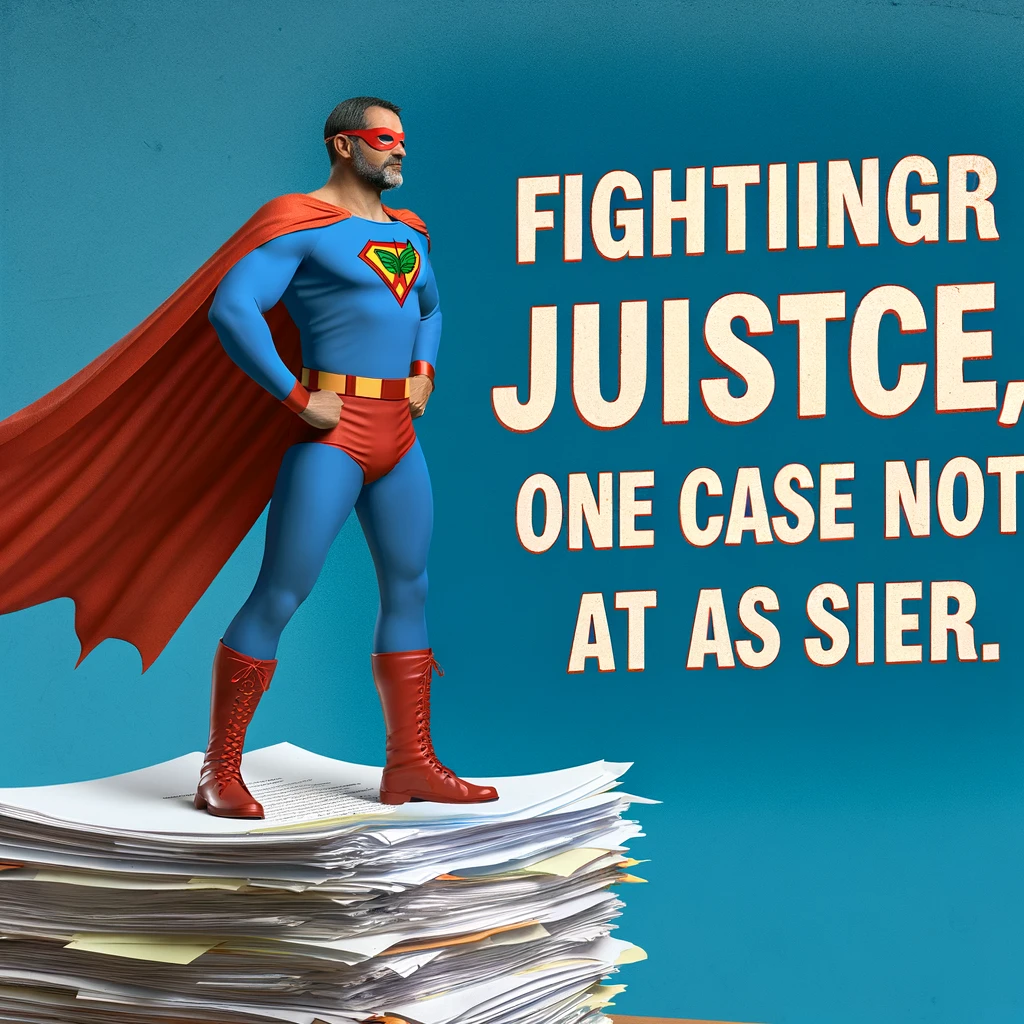 A humorous image of a social worker wearing superhero cape, standing heroically on top of a pile of paperwork, with the caption: 'Fighting for justice, one case note at a time.'