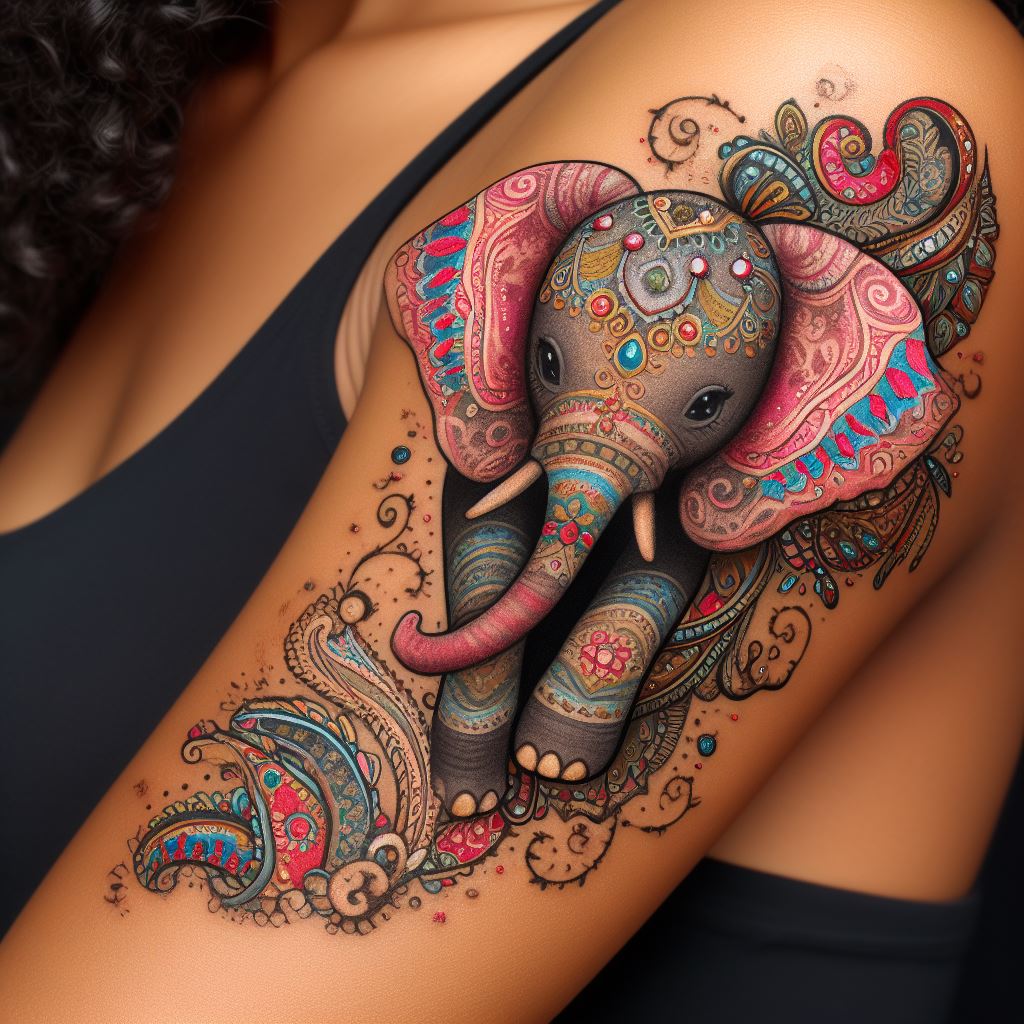An ornamental tattoo of a baby elephant, adorned with paisley patterns and tiny jewels, situated on the inner bicep. The design is playful and colorful, with each element meticulously detailed to create a sense of whimsy and enchantment, symbolizing innocence and the preciousness of life.