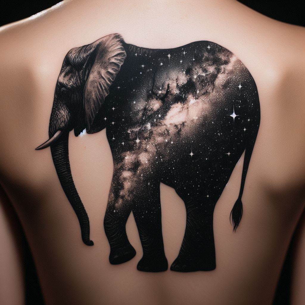 A black and gray tattoo of an elephant standing under a starry sky, positioned on the back. The design captures the vastness of the night sky, with the elephant silhouetted against the Milky Way, symbolizing the universe's grandeur and our place within it.