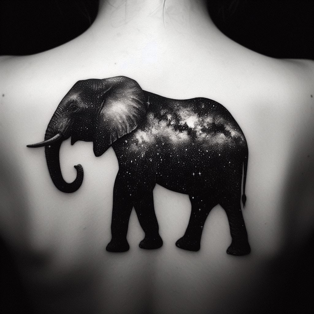A black and gray tattoo of an elephant standing under a starry sky, positioned on the back. The design captures the vastness of the night sky, with the elephant silhouetted against the Milky Way, symbolizing the universe's grandeur and our place within it.