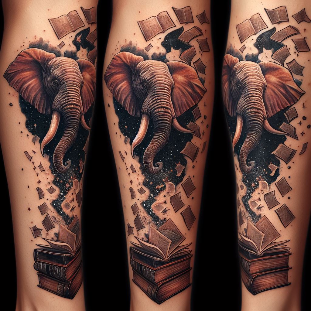 An illustrative tattoo of an elephant emerging from a book, with pages flying around, located on the calf. This imaginative design combines the elephant with symbols of knowledge and fantasy, suggesting the power of stories to transport us and the wisdom they can impart.