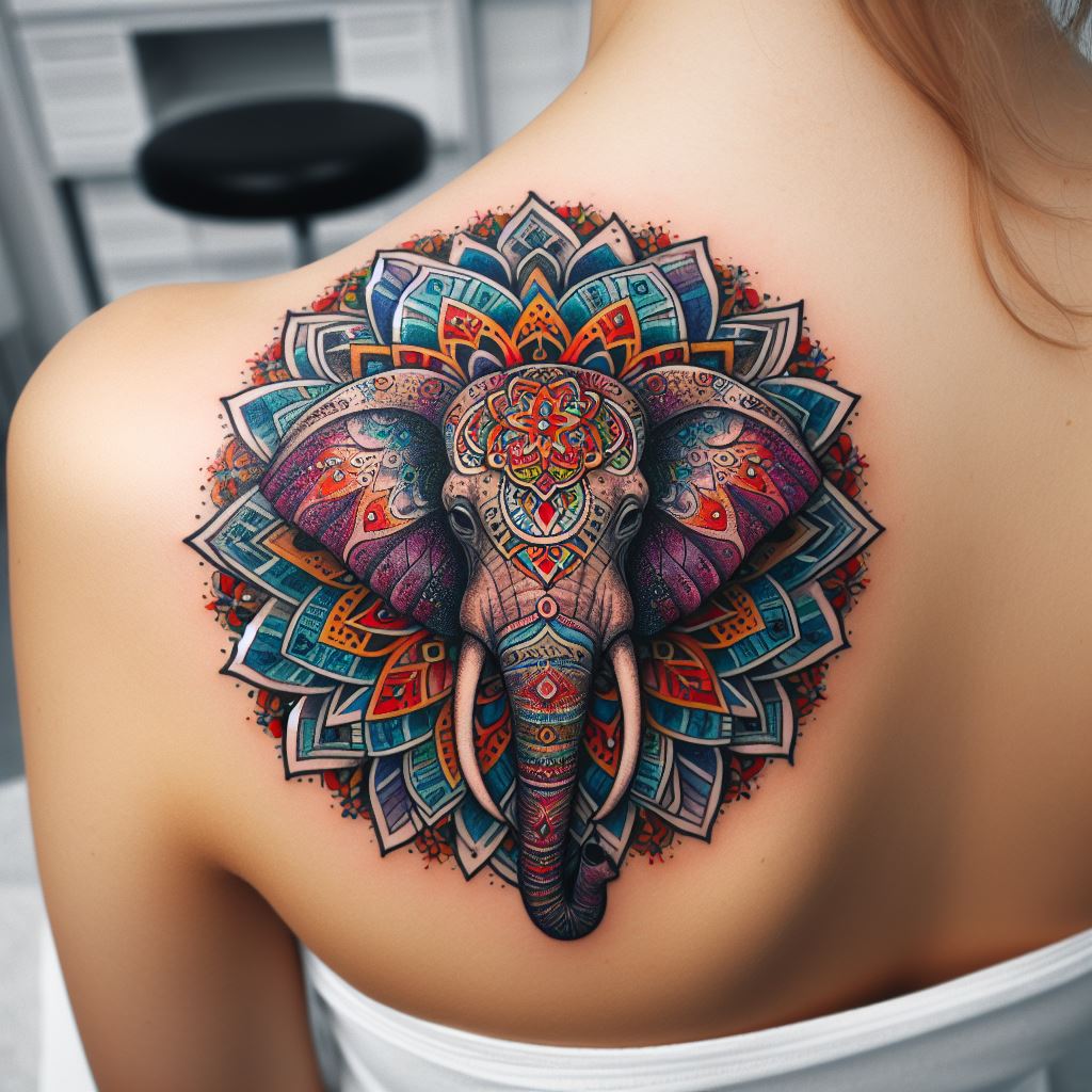 A tattoo of an elephant with its trunk raised, surrounded by a burst of colorful mandala patterns, placed on the side of the neck. The design is both bold and intricate, using color and detail to convey a sense of joy, luck, and the celebration of life's vibrant moments.