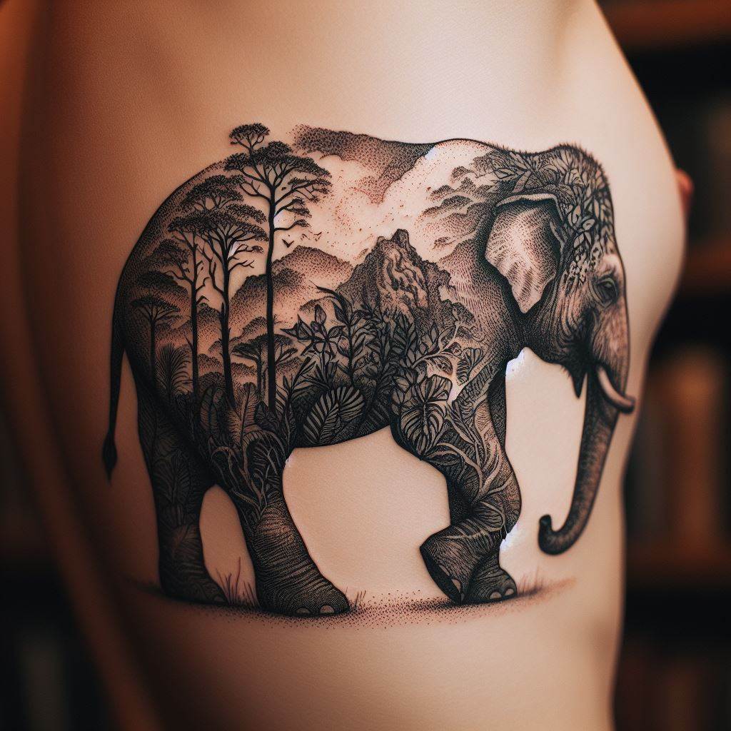 An evocative tattoo of an elephant walking through a rainforest, with the foliage and wildlife of the forest integrated into its body, positioned on the side. This design uses fine lines and detailed shading to create a living landscape, symbolizing the interconnectedness of all life forms and the importance of conservation.
