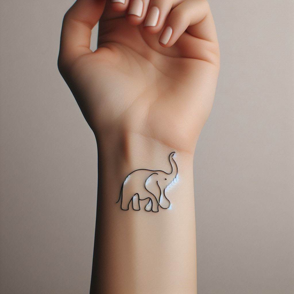 A minimalist tattoo of an elephant formed by a single, continuous line, located on the wrist. This elegant design uses simplicity to capture the essence of the elephant, symbolizing the complexity of life reduced to its simplest forms and the beauty found in minimalism.