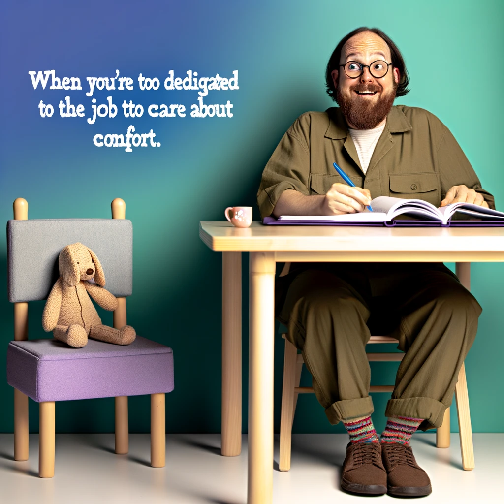 A playful image of a social worker sitting in a tiny chair at a child-sized table during a home visit, looking both amused and cramped, with the caption: 'When you're too dedicated to the job to care about comfort.'