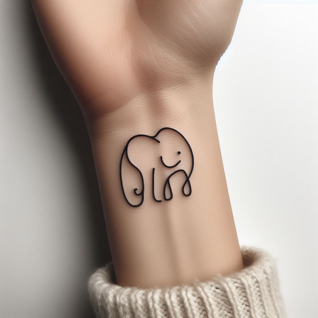 A minimalist tattoo of an elephant formed by a single, continuous line, located on the wrist. This elegant design uses simplicity to capture the essence of the elephant, symbolizing the complexity of life reduced to its simplest forms and the beauty found in minimalism.