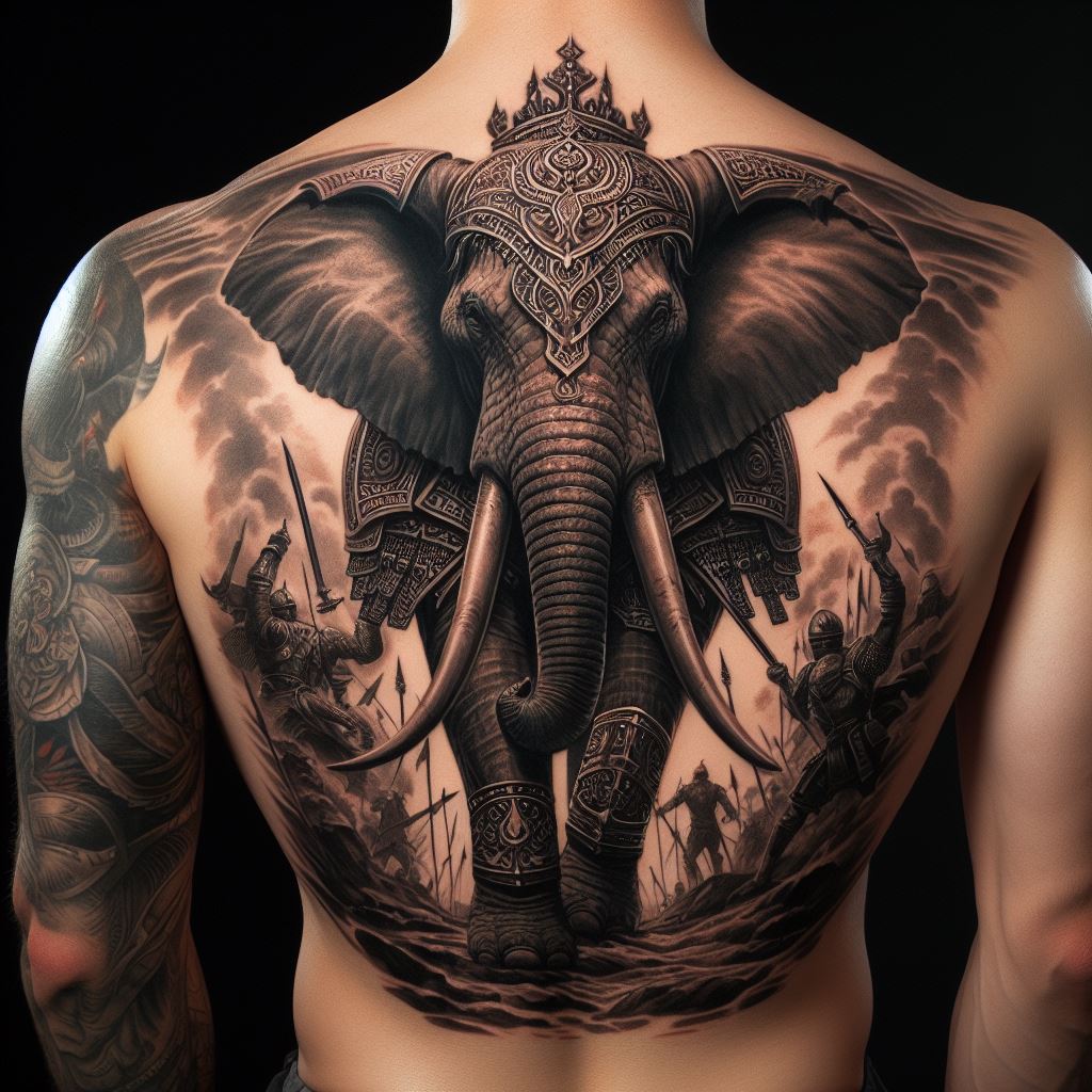 An epic tattoo of an elephant in battle armor, standing on a battlefield, positioned across the full back. The design is grand and detailed, with the elephant depicted as a powerful and unstoppable force, symbolizing resilience, protection, and the courage to face life's battles.