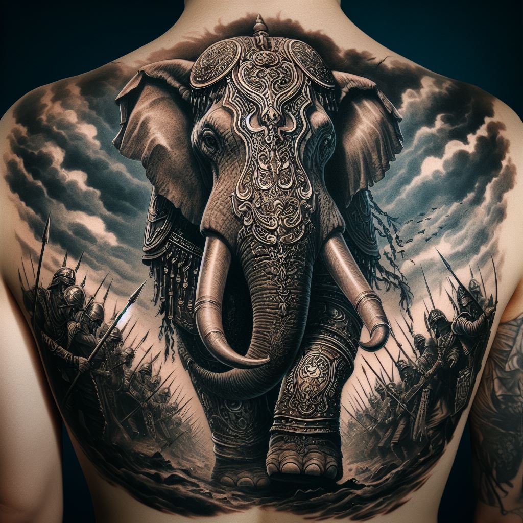 An epic tattoo of an elephant in battle armor, standing on a battlefield, positioned across the full back. The design is grand and detailed, with the elephant depicted as a powerful and unstoppable force, symbolizing resilience, protection, and the courage to face life's battles.
