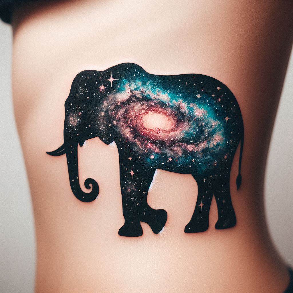 A tattoo of an elephant silhouette filled with a cosmic galaxy pattern, located on the side of the ribcage. The design merges the elephant's form with swirling nebulas and twinkling stars, symbolizing the vastness of the universe and the elephant's wisdom as ancient and profound as the cosmos itself.